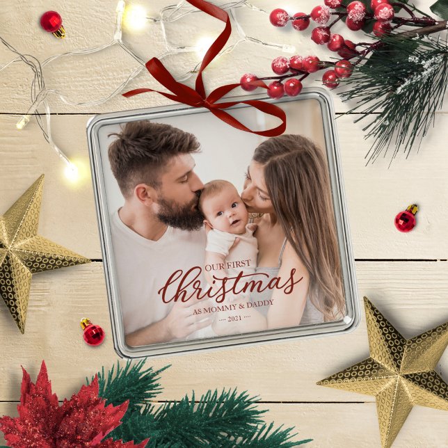 Vår första jul som foto för Mamma och Pappa Baby Julgransprydnad Metall (Skapare uppladdad)