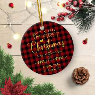 Vår första jul som herr och fru Rustic Farmhouse Julgransprydnad Keramik