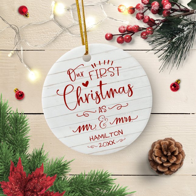 Vår första jul som herr och fru Rustic Farmhouse Julgransprydnad Keramik (Skapare uppladdad)