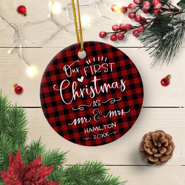 Vår första jul som herr och fru Rustic Farmhouse Julgransprydnad Keramik (Skapare uppladdad)