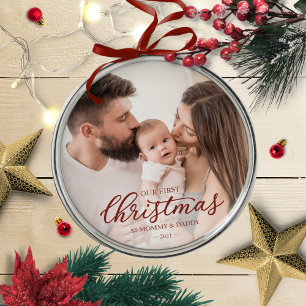 Vår första jul som mamma och pappa Babyfoto Julgransprydnad Metall