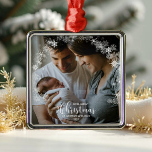 Vår första jul som Mamma och Pappa Snowflake Photo Julgransprydnad Metall