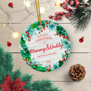 Vår första jul som Mamma & Pappa Rustic Krans Julgransprydnad Keramik