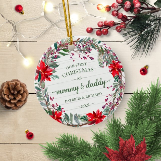 Vår första jul som Mamma & Pappa Rustic Krans Julgransprydnad Keramik (Skapare uppladdad)