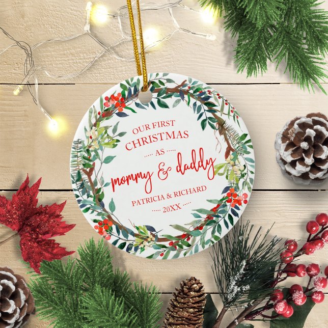 Vår första jul som Mamma & Pappa Rustic Krans Julgransprydnad Keramik (Skapare uppladdad)