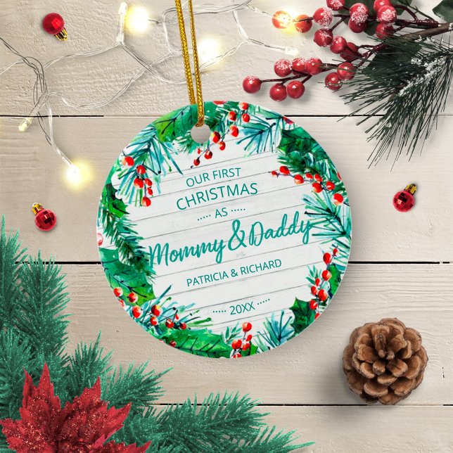 Vår första jul som Mamma & Pappa Rustik krans Julgransprydnad Keramik (Skapare uppladdad)