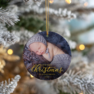 Vår första jul som morföräldrar guld folie julgransprydnad keramik