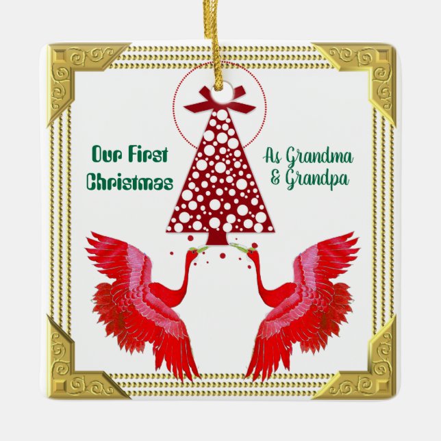 Vår första jul som mormor farfar 2 Svanar Roligt Julgransprydnad Keramik (Framsida)