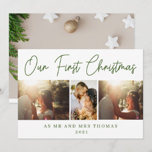 Vår första jul som Mr & Mrs Grönt Script Photo Julkort