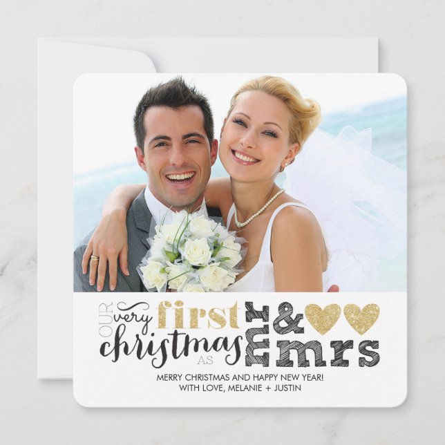 Vår första jul som Mr & Mrs Guld Helgdag Card Julkort (Framsida)