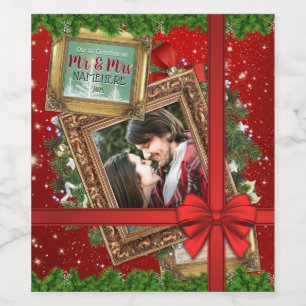 Vår första jul som Mr & Mrs Guld Ram Photo Vinflaska Etikett