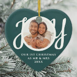 Vår första jul som Mr & Mrs Photo Heart-Shaped Julgransprydnad Keramik<br><div class="desc">Den här långa festliga grönten hjärtformad första jul Som fotokeramiska prydnadsföremål dekoreras med ord JOY i snyggt,  vit manustypografi. Enkelt anpassade.</div>