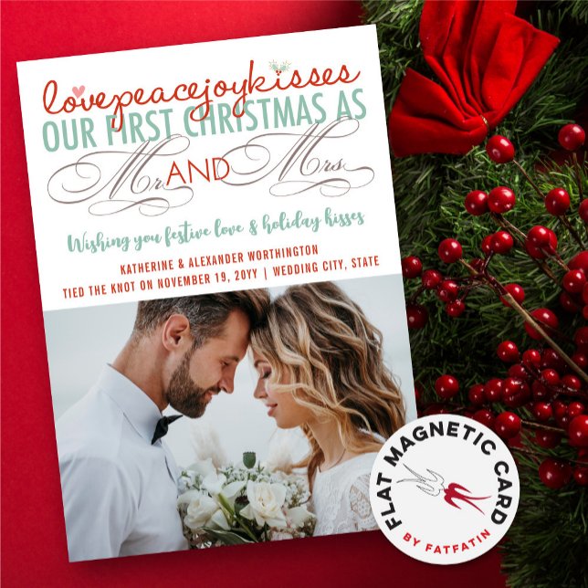 Vår första jul som Mr & Mrs Photo Magnetic Card (Love Peace Joy Kisses Our First Christmas As Mr And Mrs First Photo Magnetic Holiday Card)