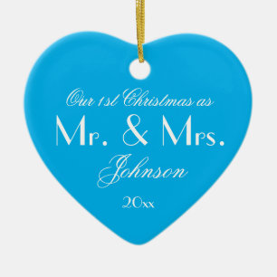 Vår första jul som Mr & Mrs. Script Elegant Blue Julgransprydnad Keramik
