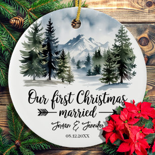 Vår första jul som Mr. och Mrs. Gift, par Julgransprydnad Keramik