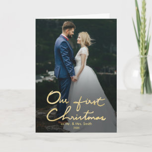 Vår första jul som Mr. Och Mrs. Nytt foto Helgkort