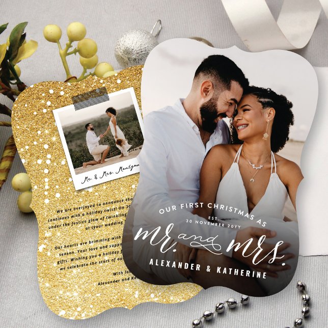 Vår första jul som Mr. och Mrs. Photo Bröllop Julkort (Our First Christmas As Mr And Mrs Modern Typography - Holiday Wedding Photo Card by fat*fa*tin)