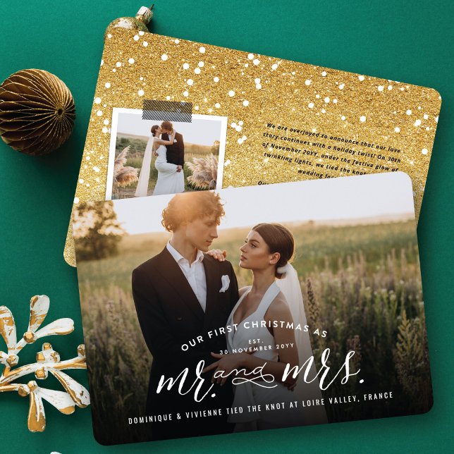 Vår första jul som Mr. och Mrs. Photo Bröllop Julkort (Our First Christmas As Mr And Mrs Modern Typography - Holiday Wedding Photo Card by fat*fa*tin)