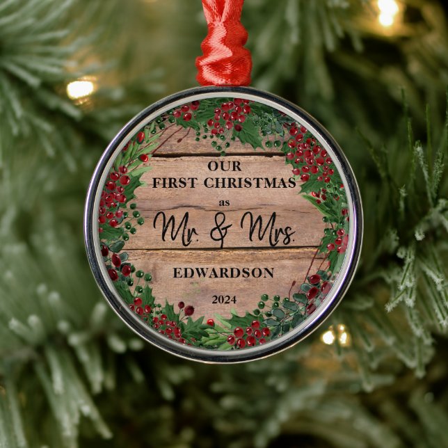 Vår första jul som mr och mrs Rustic wood Meta Julgransprydnad Metall (Träd)