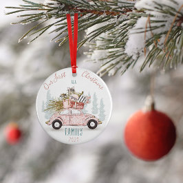 Vår första jul som vattenfärgsbil i familjen julgransprydnad keramik