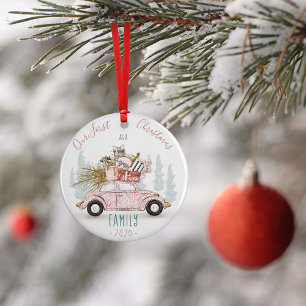 Vår första jul som vattenfärgsbil i familjen julgransprydnad keramik