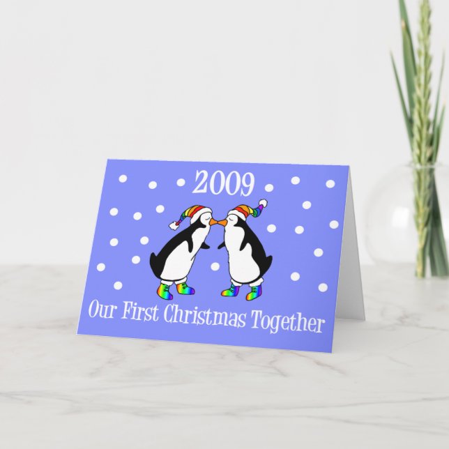 Vår första jul tillsammans 2009 (GLBT Penguins) Helgkort (Framsida)