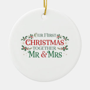 Vår första jul tillsammans herr och fru julgransprydnad keramik