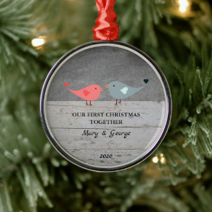 Vår första jul tillsammans med love birds-trä julgransprydnad metall