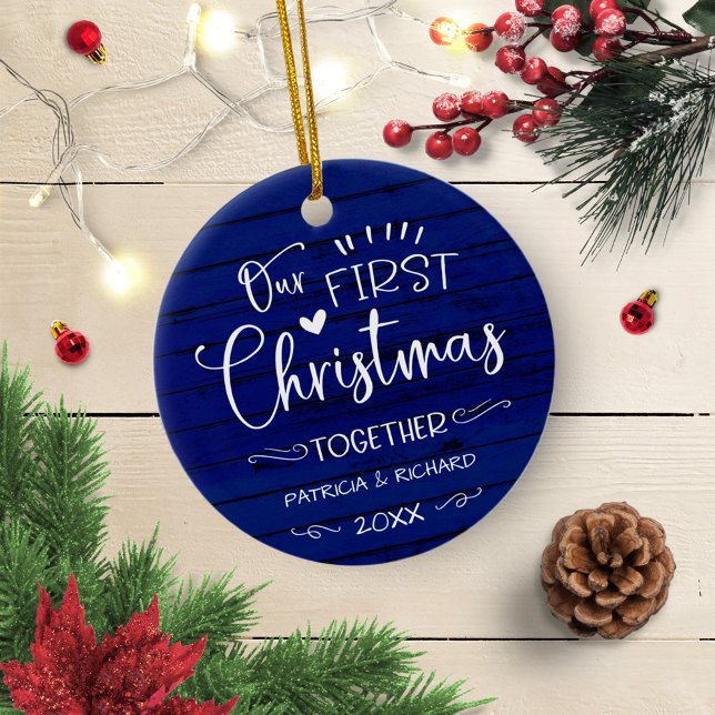 Vår första jul tillsammans Rustic Farmhouse Blå Julgransprydnad Keramik (Skapare uppladdad)