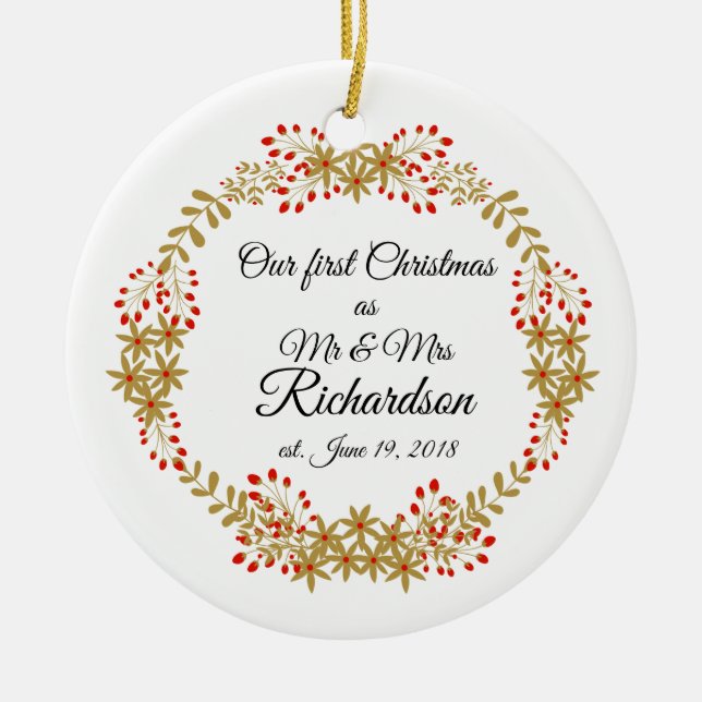 Vår första jul Tillsammans som Mr & Mrs. Julgransprydnad Keramik (Framsidan)