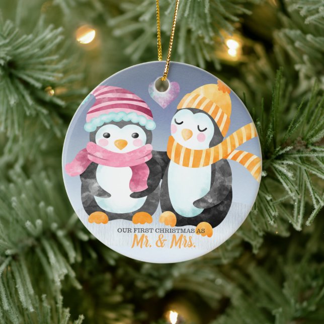 Vår första jul var två cute Penguins. Julgransprydnad Keramik (Träd)