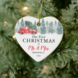 Vår första jul | Vintage Red Lastbil Julgransprydnad Keramik