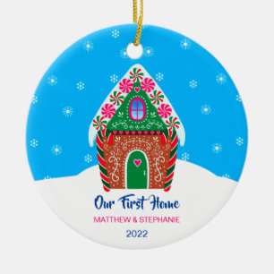 Vår första julafton Gingerbröd House Blue Julgransprydnad Keramik