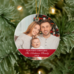Vår första julfamilj Photo Red Julgransprydnad Keramik