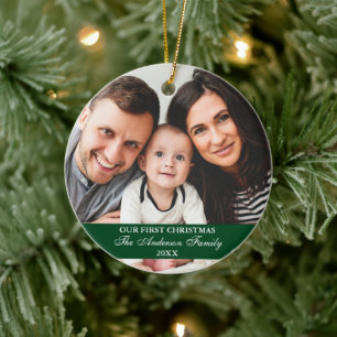 Vår första julfamiljs fotoGrönt Julgransprydnad Keramik