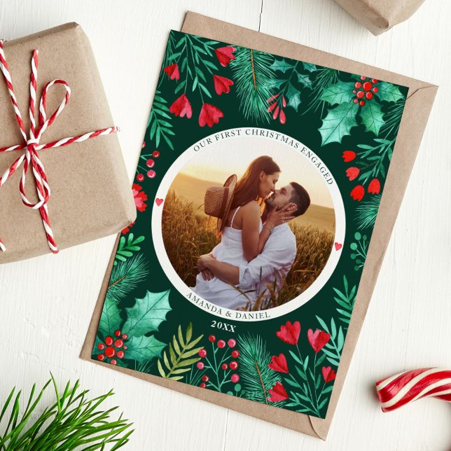 Vår första julfärgsblomma med vattenfärg julkort (Our First Christmas Engaged Watercolor Foliage Holiday Card)