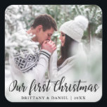 Vår första julfoto fyrkantigt klistermärke<br><div class="desc">Vår första julklapp Photo Sticker</div>