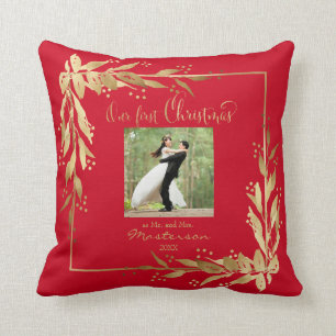 Vår första julfoto Guld-andedräkt i rött Kudde