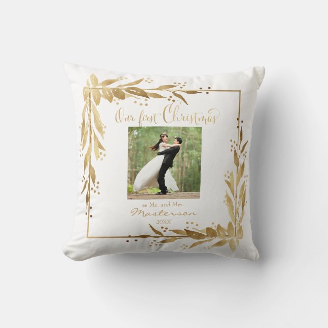 Vår första julfoto Guld-andedräkt i vitt Kudde (Framsida)