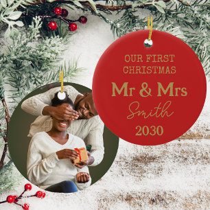 Vår första julfoto Mr. och Mrs Red och Guld. Julgransprydnad Keramik