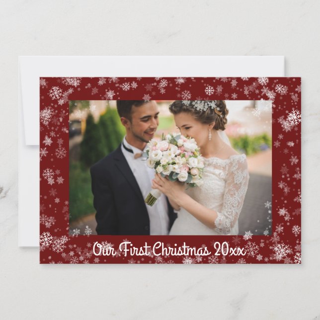 Vår första julfotodate typografi Snö Röd Julkort (Framsida)