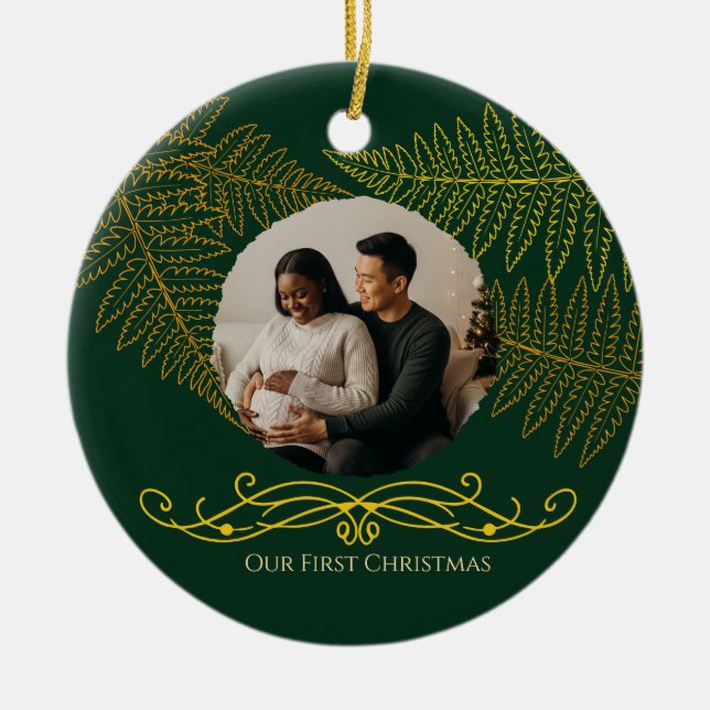 Vår första julklapp i Elegant Guld Fern Julgransprydnad Keramik (Framsidan)