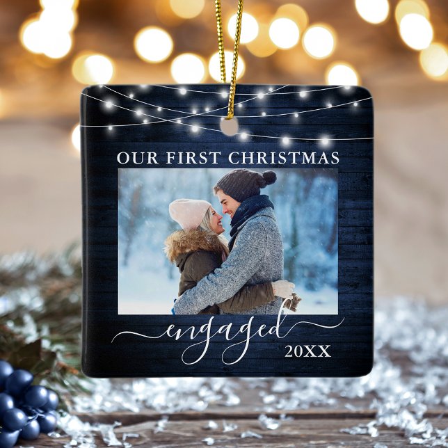 Vår första julklapp med Blue Wood Ljus Photo Julgransprydnad Keramik (Double Sided Our First Christmas Photo Ornament.)