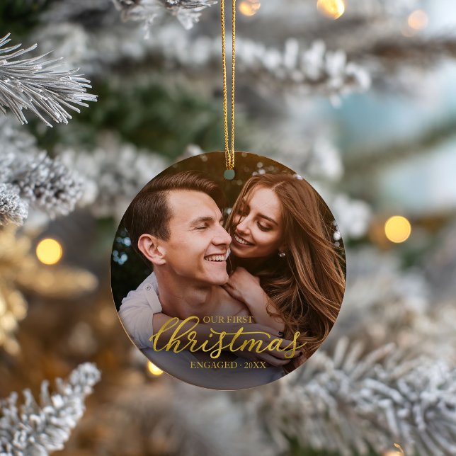 Vår första julklapp med guldfärgat eldskript julgransprydnad keramik (Skapare uppladdad)