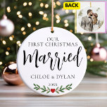 Vår första julmålade Anpassningsbar Photo Julgransprydnad Keramik<br><div class="desc">Vår första jultomte är en dubbla-sidig ornament med anpassningsbar foto.</div>