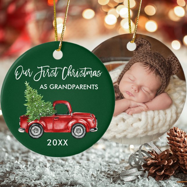 Vår första julmorföräldrars Lastbil PHOTO-Grönt Julgransprydnad Keramik (Grandparents First Christmas Ornament with Photo.)