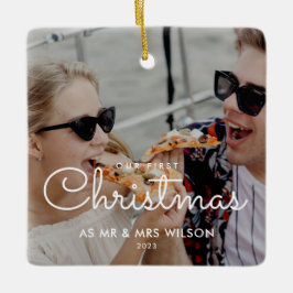Vår första julparfoto Minimalistisk Skrift Julgransprydnad Keramik