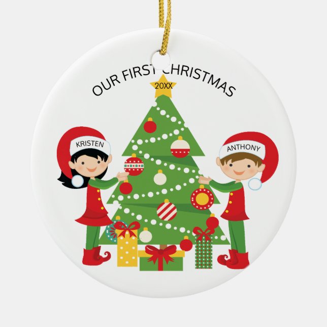 Vår första julpersonligjul julgransprydnad keramik (Framsidan)