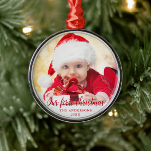 Vår första julröda skriptbild julgransprydnad metall