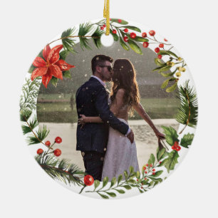 Vår första jultomte med botaniskt foto julgransprydnad keramik